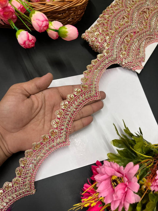 Scalloped Maggam Work Saree Lace Borders on Net Fabric – Designer Embroidered Trim for Sarees & Lehengas (9 Meter, 2 Inch Width) | Rani Pink