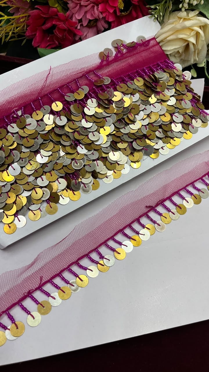 Sabyasachi Style Metal Coin Latkan Lace for Sarees, Lehengas, Dupattas & Blouses – Designer Hanging Coin Lace Border (1 Inch) | DC1070 | Rani Pink