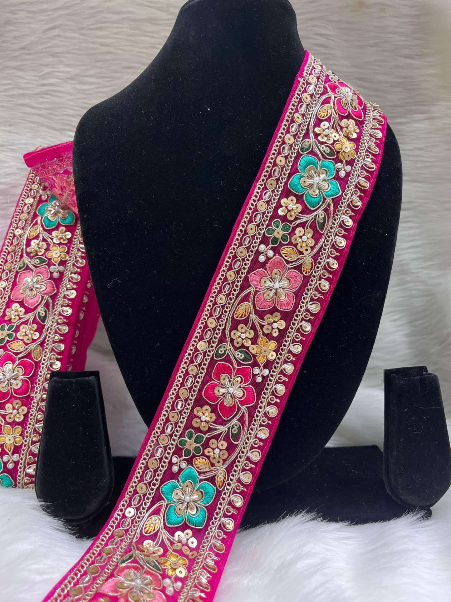 Embroidered Beaded Sequins Lace Borders on Net Fabric – 9 Meters, 2.5-Inch Maggam Work Trim for Sarees & Lehengas | Rani Pink