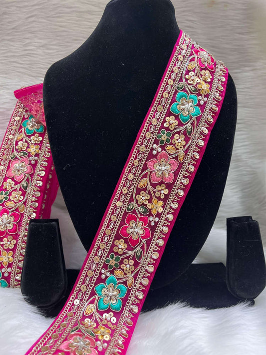 Embroidered Beaded Sequins Lace Borders on Net Fabric – 9 Meters, 2.5-Inch Maggam Work Trim for Sarees & Lehengas | Rani Pink