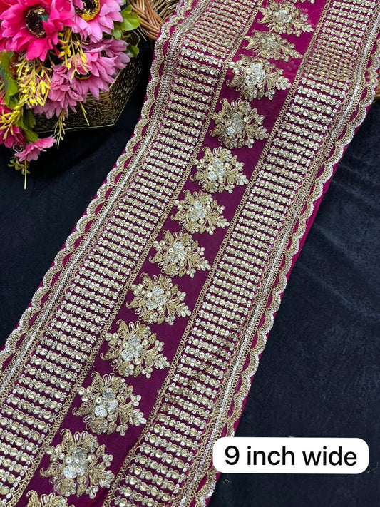 Sabyasachi Inspired Embroidered Lehenga Border Lace – Designer Bridal Saree & Lehenga Lace Trim (9 Inch) | Rani Pink