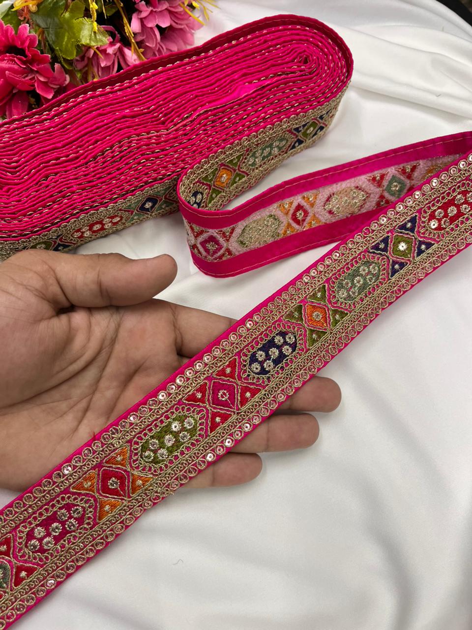 Sabyasachi Style Embroidered Designer Saree Lace Border – Luxury Ethnic Embroidery Lace for Sarees, Blouses & Lehengas | Rani Pink