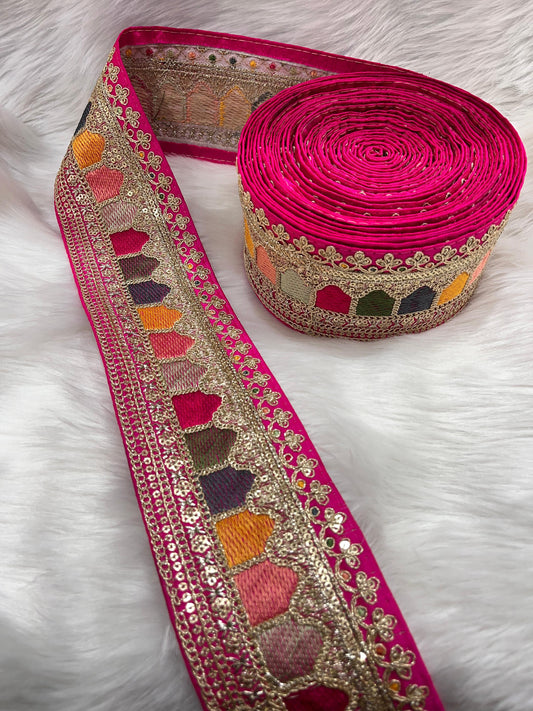 Sabyasachi Inspired Embroidery Lace Borders – 9 Meters, 3-Inch Width, Handcrafted Elegance | Rani Pink