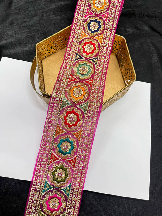 Multicolored Sabyasachi Inspired Saree Laces – 9 Meters, 3-Inch Designer Embroidered Border for Sarees, Lehengas & Dupattas | Rani Pink