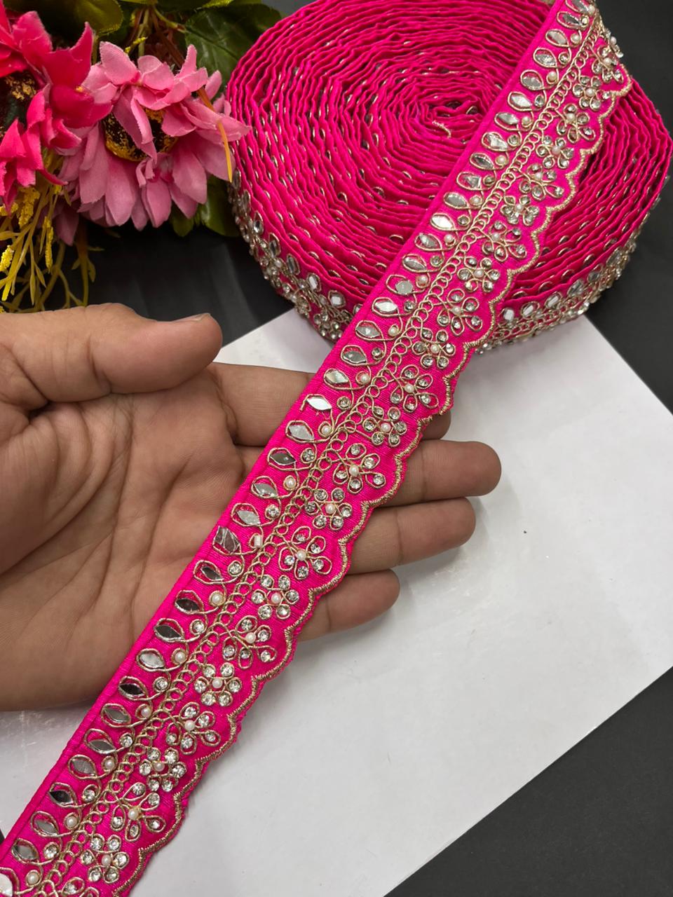 Luxurious Mirror Work with Diamond Laces – Designer Maggam Work Borders for Sarees, Lehengas & Dupattas (9 Meter, 1.5 Inch Width) | Rani Pink