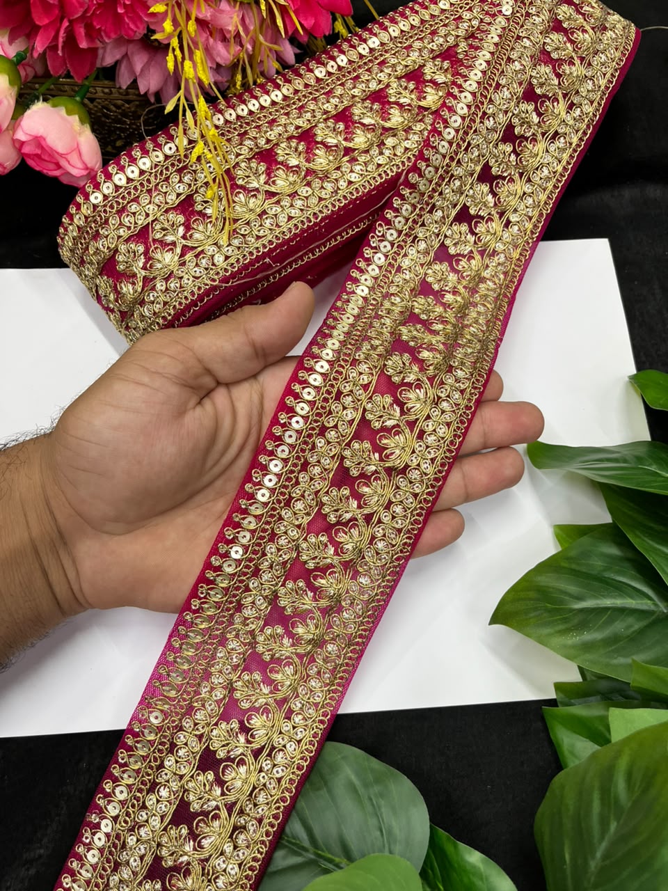 Golden Zari Embroidered Lace for Sarees, Lehengas & Dupattas – Premium Designer Embroidered Lace Border for Boutique Owners & Fashion Designers (3 Inch) | Rani Pink