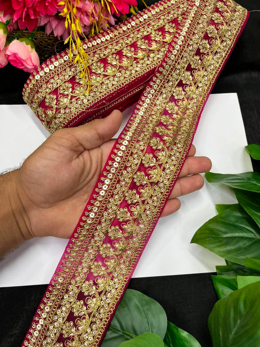 Golden Zari Embroidered Lace for Sarees, Lehengas & Dupattas – Premium Designer Embroidered Lace Border for Boutique Owners & Fashion Designers (3 Inch) | Rani Pink