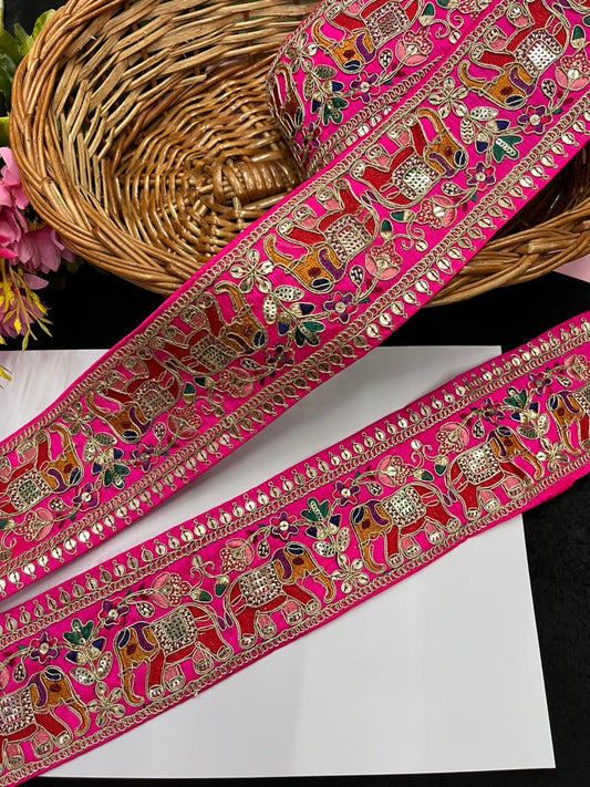 Beautiful Elephant Design Embroidered Zari Saree Lace – Premium Designer Embroidered Lace | Rani Pink