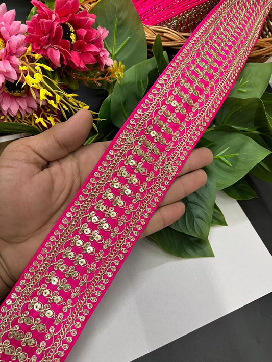Sabyasachi Inspired Embroidered Laces for Sarees & Dresses – Luxury Designer Border for Ethnic & Couture Wear (9 Meter, 2 Inch Width) | Rani Pink