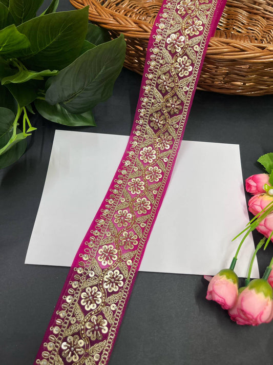 Katdana and Beaded Saree Lace – 9 Meters, 2.5-Inch Maggam Work Embroidered Border for Lehengas & Dupattas | Rani Pink
