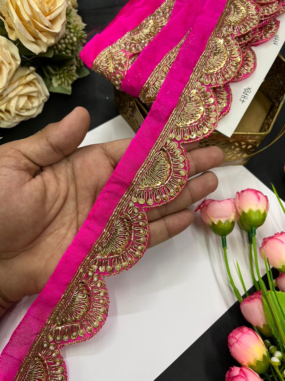 Scalloped Zardosi Work Handmade Saree Borders – Premium 1.5 Inch Maggam Work Lace for Bridal & Festive Wear (9 Meter) | Rani Pink