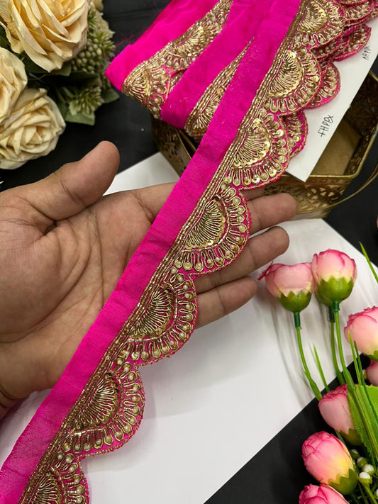 Scalloped Zardosi Work Handmade Saree Borders – Premium 1.5 Inch Maggam Work Lace for Bridal & Festive Wear (9 Meter) | Rani Pink