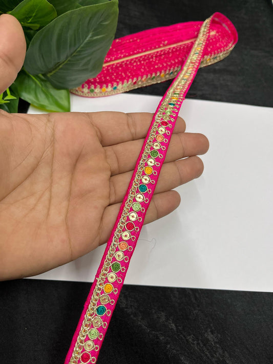 Multicolored Sabyasachi Inspired Embroidered Lace – 9 Meters, 0.5-Inch Designer Trim for Sarees, Lehengas & Dupattas | Rani Pink