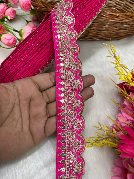 Embroidered Designer Lace – Indian Wedding Trims, Saree Border, 1.5 Inch Wide Lace Reel (9 Mtr) | Rani Pink