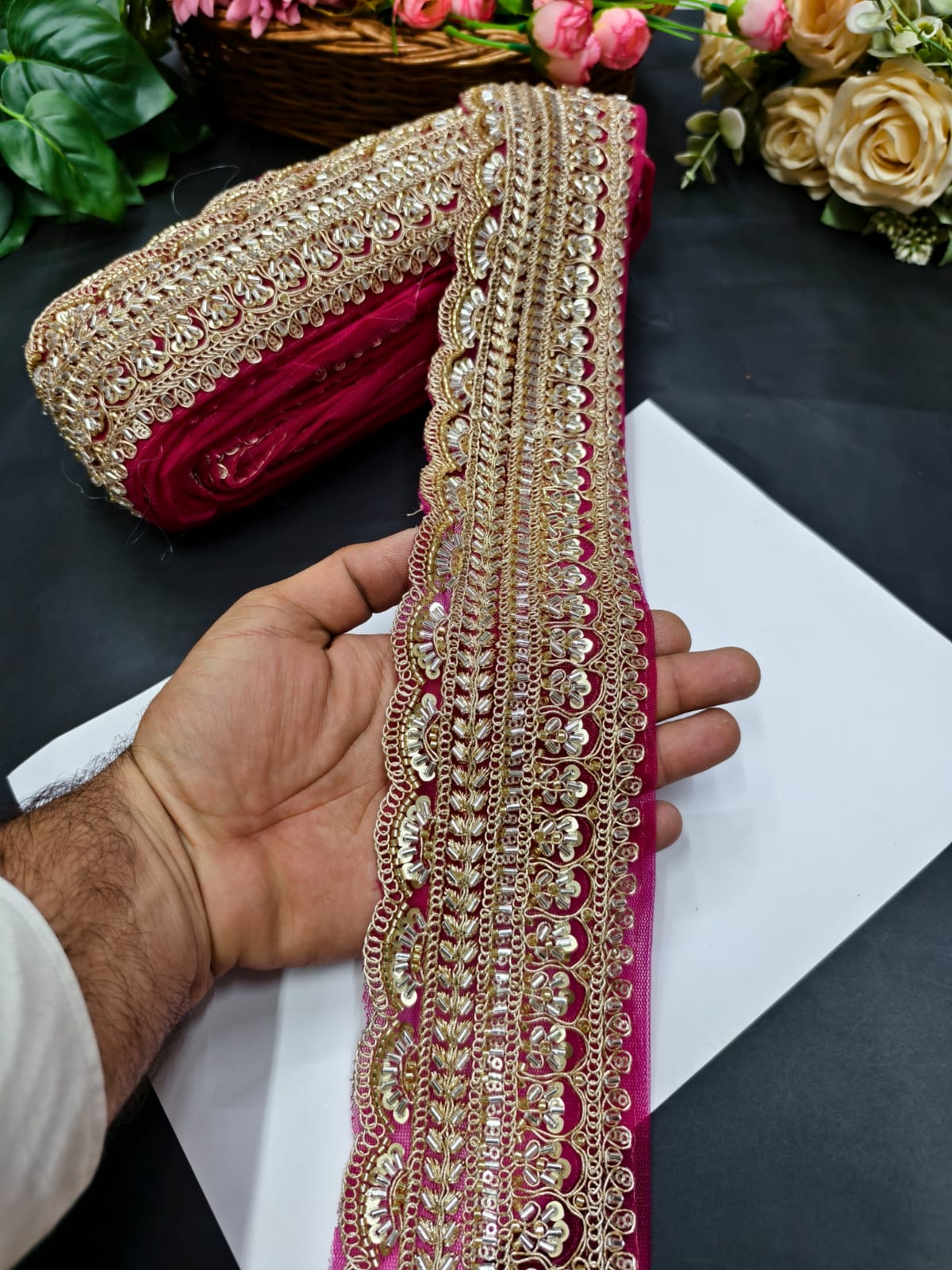 Exclusive Flower Embroidered Saree Lace Design – Premium Maggam Work Lace Border for Ethnic Wear | Rani Pink