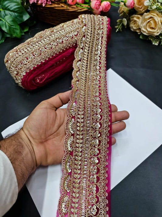 Exclusive Flower Embroidered Saree Lace Design – Premium Maggam Work Lace Border for Ethnic Wear | Rani Pink
