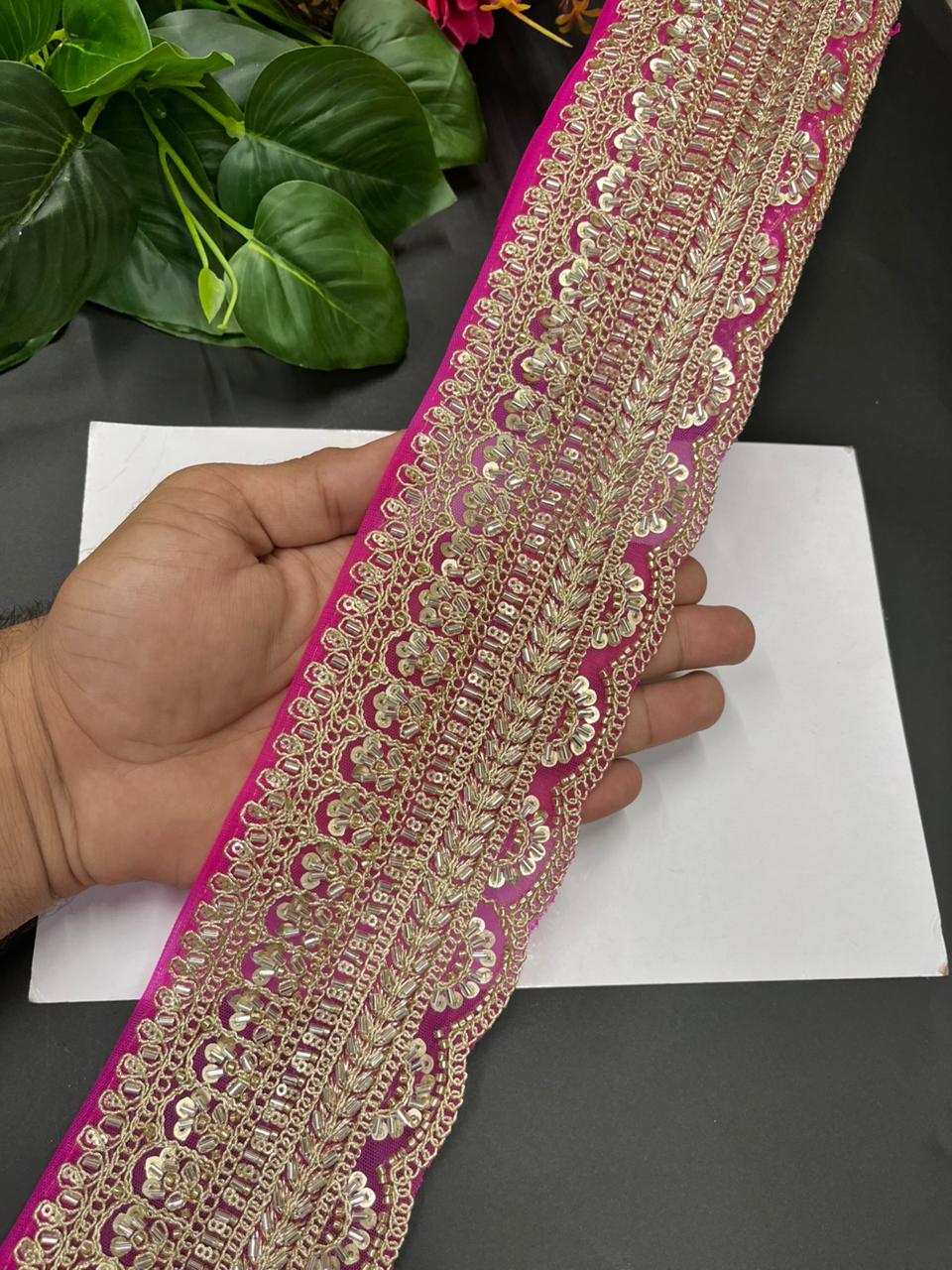 Exclusive Bridal Saree Laces & Borders on Net Fabric – Maggam Work Designer Trim for Sarees, Lehengas & Dupattas (9 Meter, 4 Inch Width) | Rani Pink