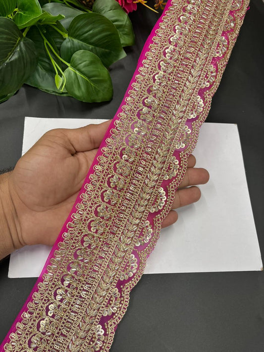 Exclusive Bridal Saree Laces & Borders on Net Fabric – Maggam Work Designer Trim for Sarees, Lehengas & Dupattas (9 Meter, 4 Inch Width) | Rani Pink