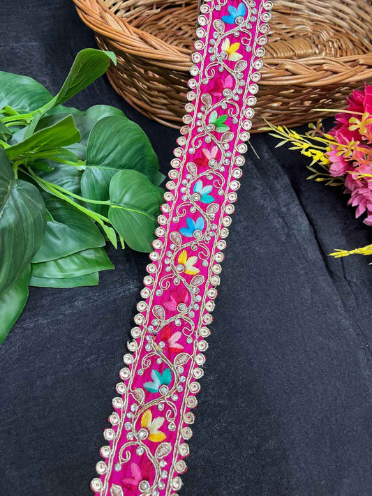 Multicolored Stonework Embroidery Saree Lace Border – 9 Meters, 1.5-Inch Wide Decorative Trim for Lehengas & Dupattas | Rani Pink