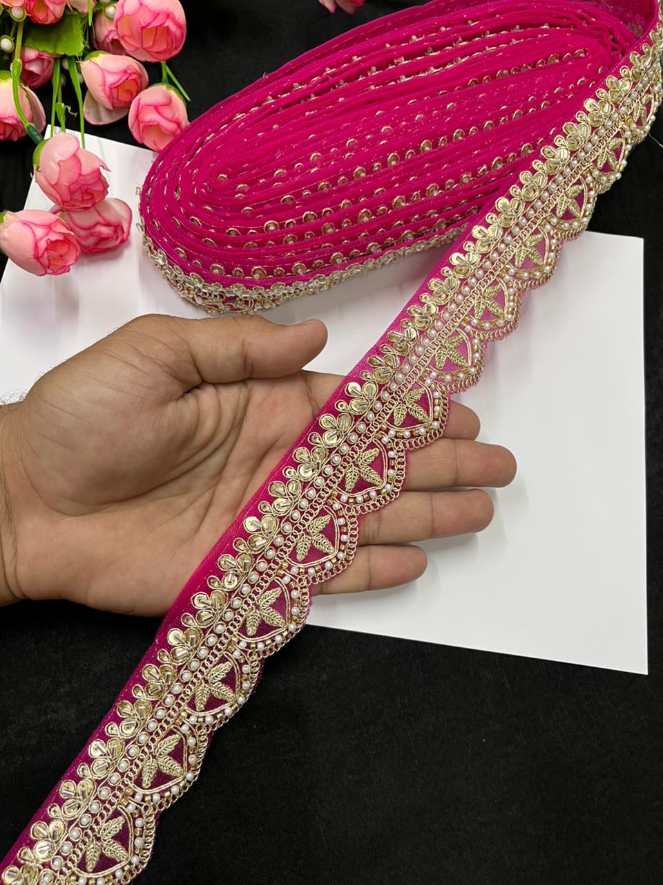 Bridal Saree Lace Border – Designer Maggam Work Lace for Sarees, Blouses & Lehengas (1.75 Inch) | Rani Pink