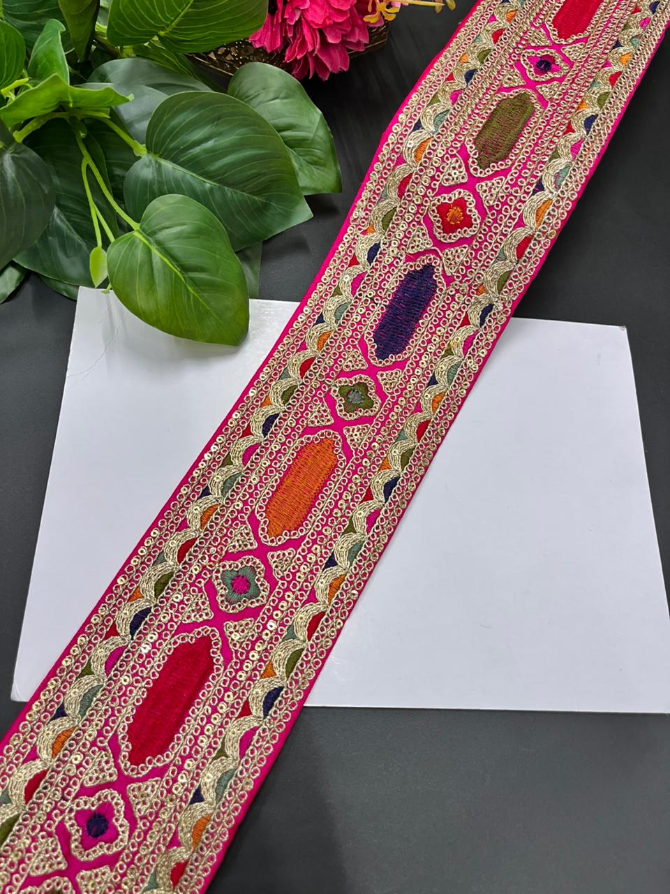 Designer Sabyasachi Laces & Borders – Premium Embroidered Lace Trim for Sarees, Lehengas & Dupattas (9 Meter, 3.5 Inch Width) | Rani Pink