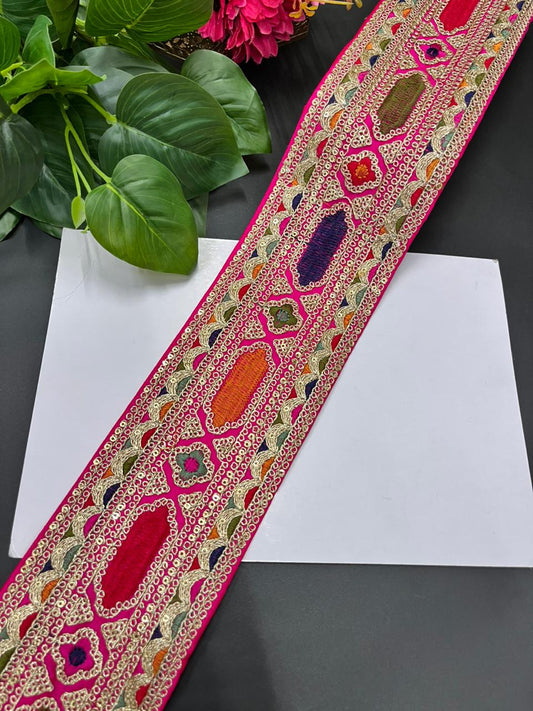 Designer Sabyasachi Laces & Borders – Premium Embroidered Lace Trim for Sarees, Lehengas & Dupattas (9 Meter, 3.5 Inch Width) | Rani Pink