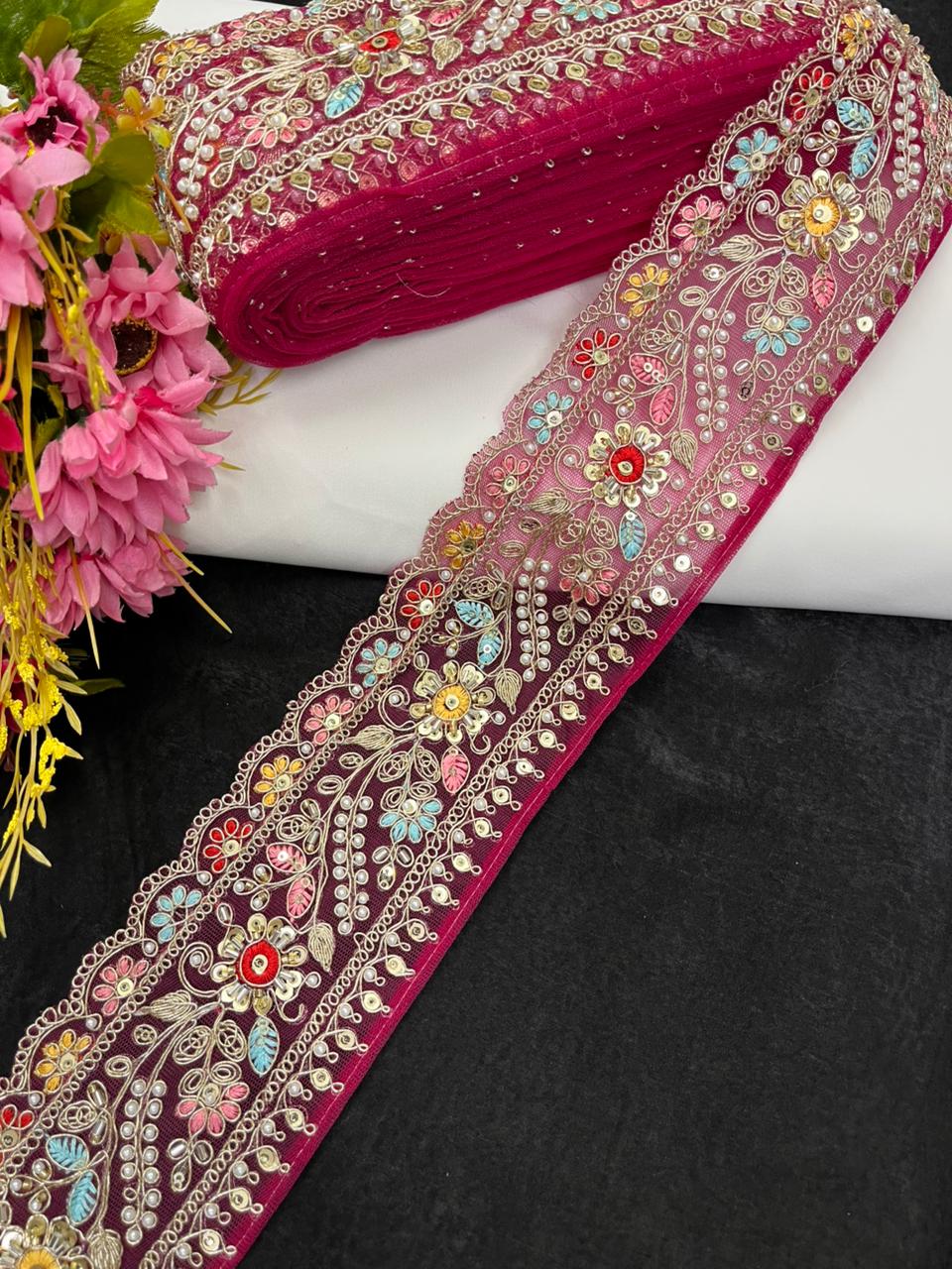 Multicoloured Flower Design Maggam Work Saree Lace – Designer Embroidered Border for Sarees, Blouses & Lehengas (3.5 Inch) | Rani Pink