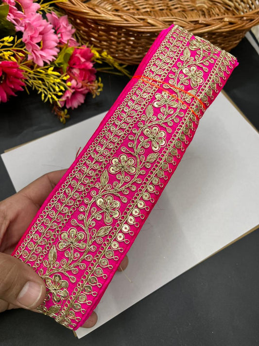 Embroidered Zari Lace Border for Saree, Lehenga & Craft Projects – Heavy 3 Inch Designer Embroidery Lace for Ethnic Wear (9 Meter) | Rani Pink