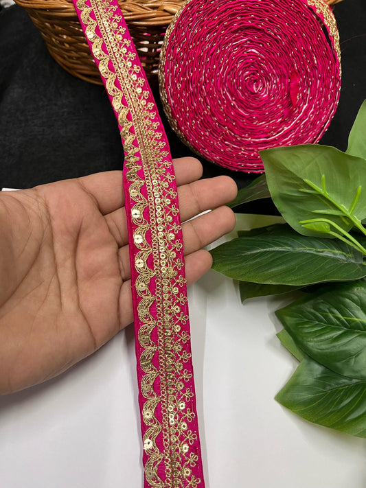 Gold Embroidered Saree Laces for Sarees, Kurtis, Dupattas, Dresses & Lehengas – 9 Meters, 1.25-Inch Decorative Border | Rani Pink