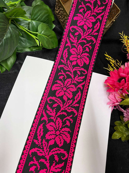 Cross Stitch Jacquard Border – 9 Meters, 4-Inch Thread Embroidered Lace for Sarees, Lehengas & Dupattas | Rani Pink