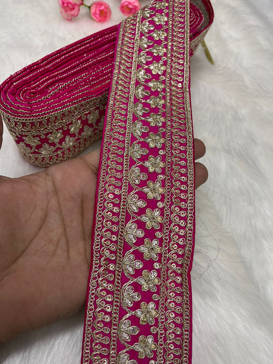 Elegant Embroidered Designer Lace Border – 9 Meter Roll, 2.5 Inch Wide for Sarees, Dresses, and Crafts | Rani Pink
