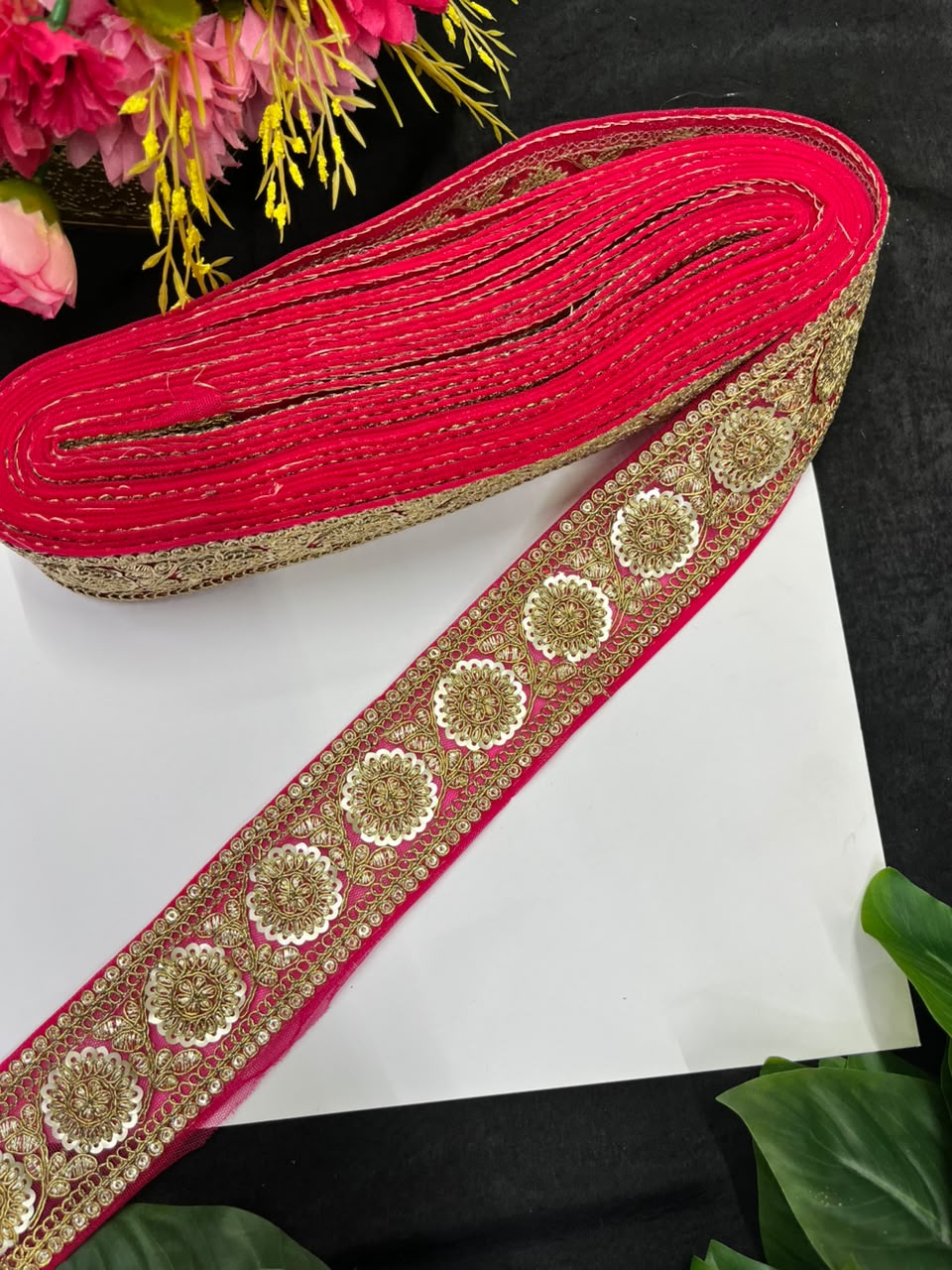 Golden Zari Embroidered Lace on Net Fabric for Sarees, Lehengas & Dupattas – Designer Embroidered Lace Border (1.5 Inch) | Rani Pink