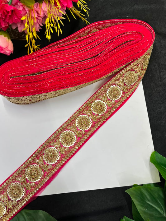 Golden Zari Embroidered Lace on Net Fabric for Sarees, Lehengas & Dupattas – Designer Embroidered Lace Border (1.5 Inch) | Rani Pink
