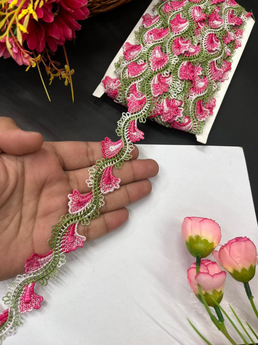 Imported Guipure Cotton Multicoloured Lace & Trims – Designer Border for Sarees, Lehengas & Dupattas (9 Meter, 1 Inch Width) | Rani Pink