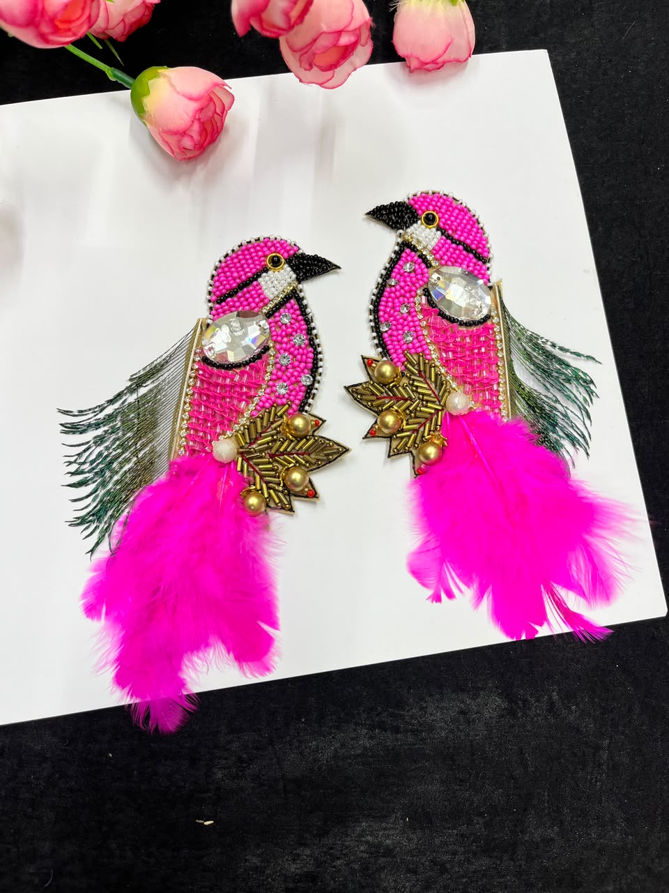 Handcrafted Feather Bird Patches for Sarees, Lehengas, Blouses & Dresses – Designer Bird Applique Set of 2 | DC1045 | Rani Pink