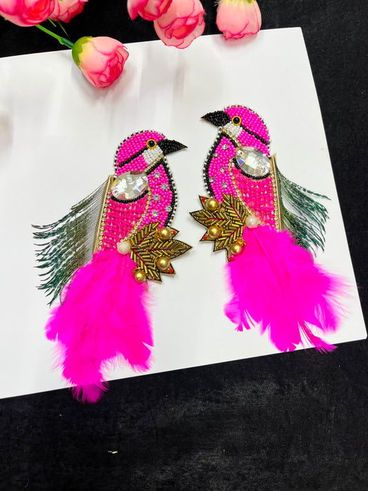 Handcrafted Feather Bird Patches for Sarees, Lehengas, Blouses & Dresses – Designer Bird Applique Set of 2 | DC1045 | Rani Pink