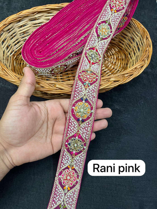 Multicoloured Bead Work Designer Lace on Net Fabric for Sarees & Lehengas (9 Meter) | Rani Pink
