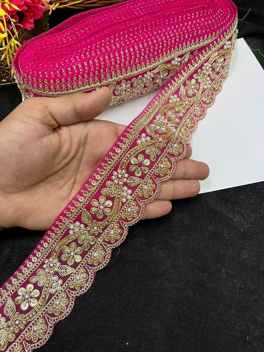 Designer Maggam Work Saree Border on Net Fabric – Handcrafted Embroidered Lace for Sarees, Blouses & Lehengas (2 Inch) | Rani Pink
