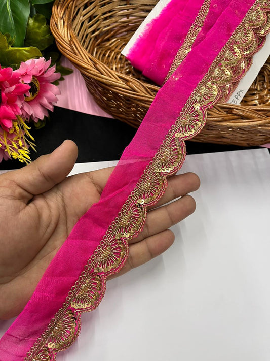 Handmade Scalloped Zardozi Maggam Work Saree Lace Borders – Premium Designer Maggam Lace | Rani Pink