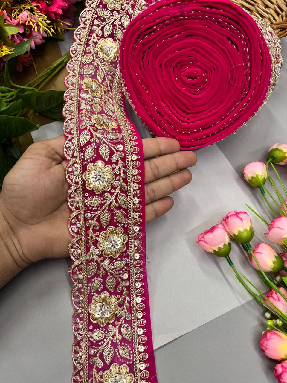 Designer Bridal Saree Lace Border – Premium 3 Inch Handcrafted Maggam Work Decorative Border for Wedding & Festive Wear (9 Meter) | Rani Pink