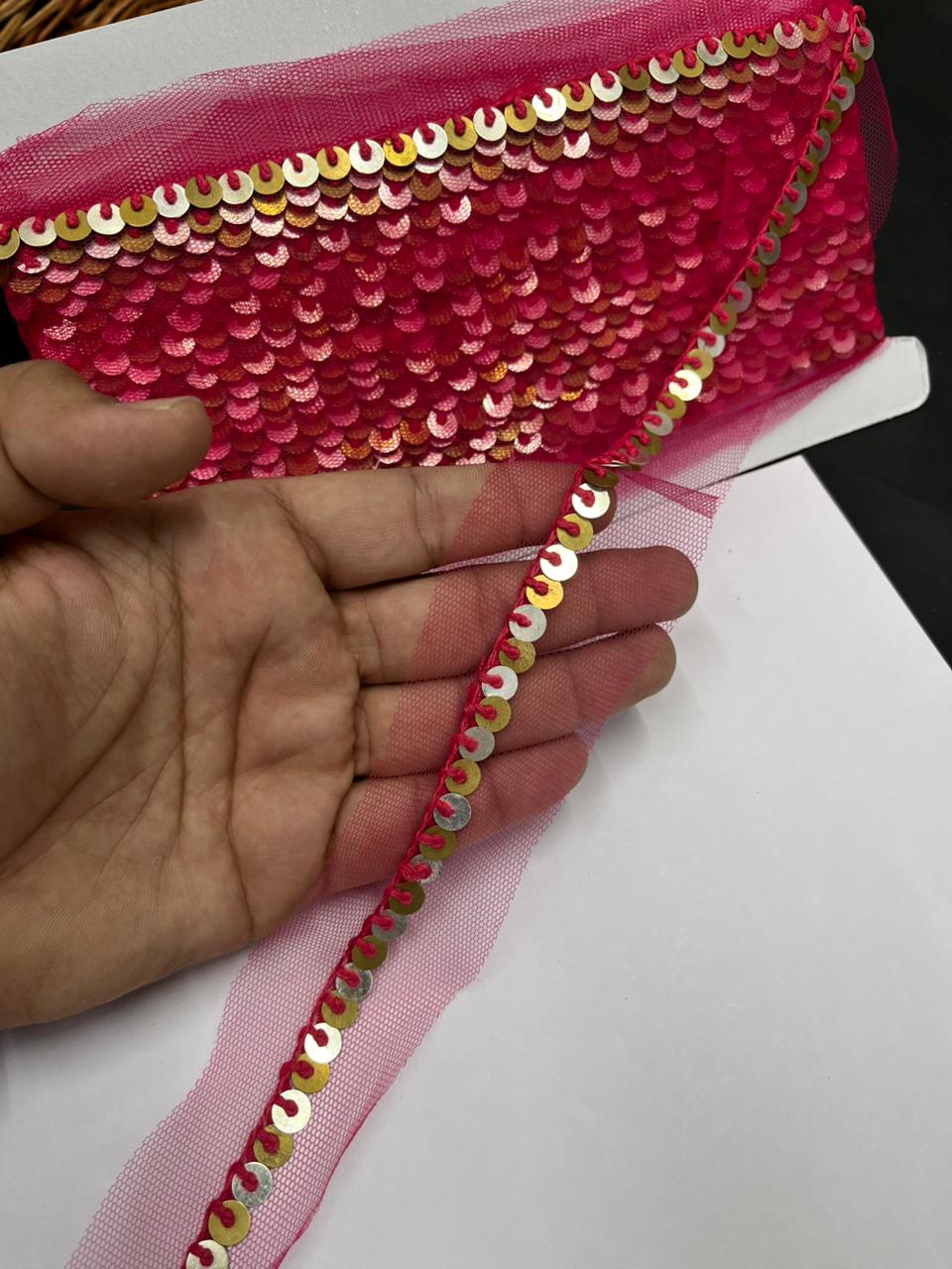 Sabyasachi-Inspired Metal Coin Lace for Dupattas & Sarees – Premium Handmade Ethnic Lace Border | Rani Pink