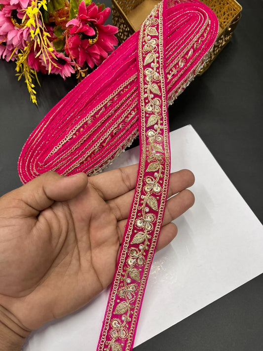 Pearl Zari Embroidered Net Lace – Designer Maggam Work Border for Sarees, Lehengas & Dupattas (9 Meter, 1 Inch Width) | Rani Pink