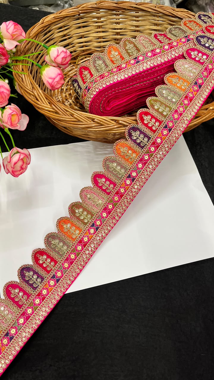 Sabyasachi Style Embroidered Lace for Sarees, Lehengas, Dupattas & Blouses – Designer Ethnic Embroidery Lace Border (2 Inch) | DC1065 | Rani Pink