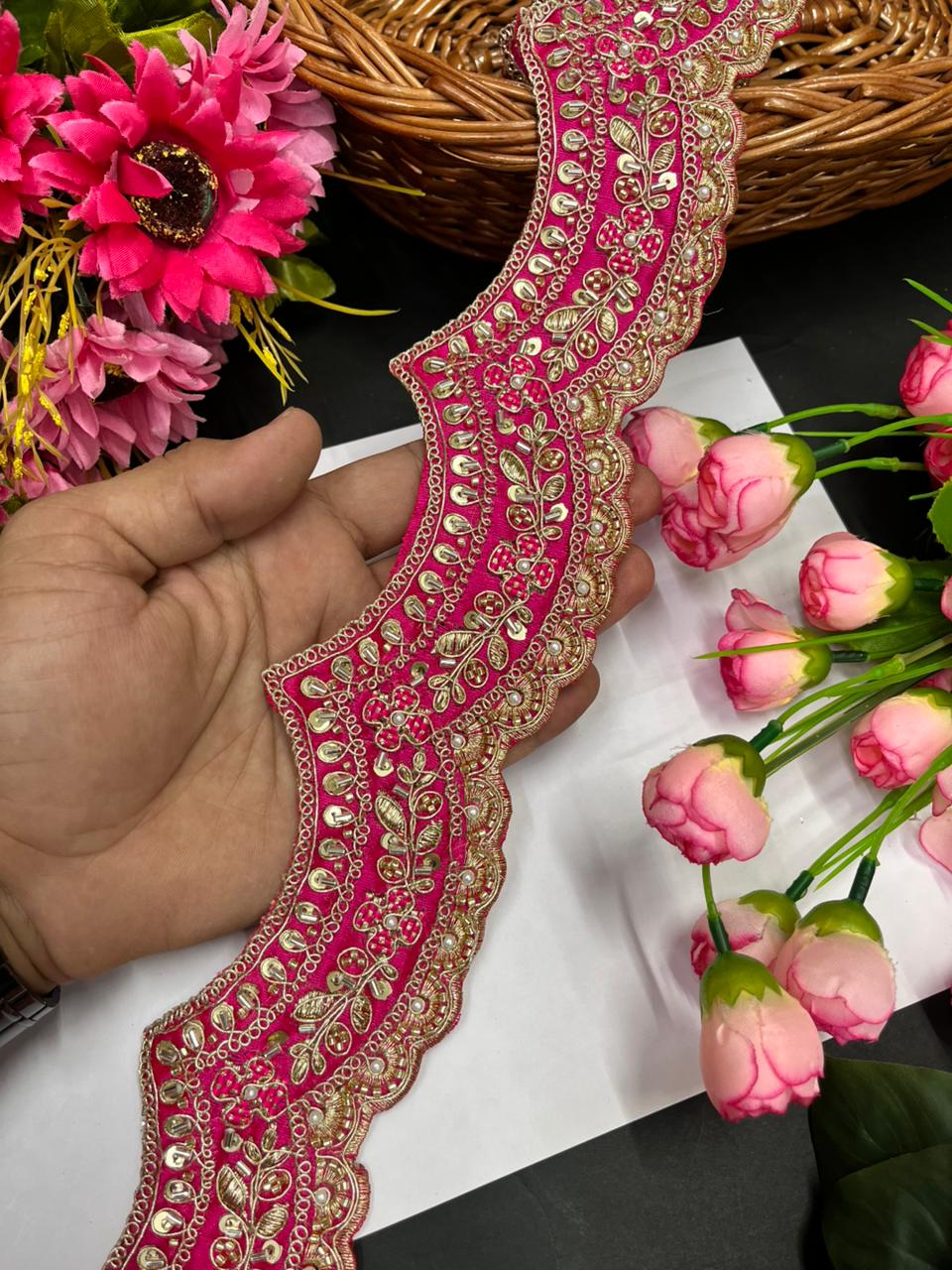 Scalloped Maggam Work Saree Borders – Premium Designer Maggam Lace Border for Ethnic Wear | Rani Pink