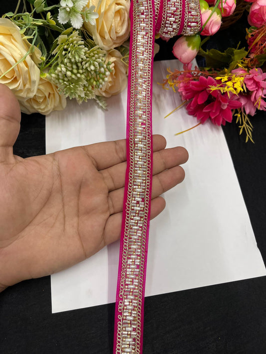 Delicate Pearl Work Designer Saree Laces – 9 Meters, 1-Inch Maggam Work Border for Sarees, Lehengas & Dupattas | Rani Pink