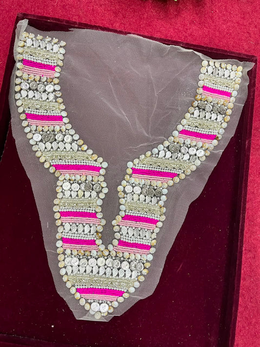 Designer Handcrafted Boho Style Neck Yoke Patch for Kurtis, Dresses & Blouses – Premium Embroidered Neckline Applique | DC0991 | Rani Pink