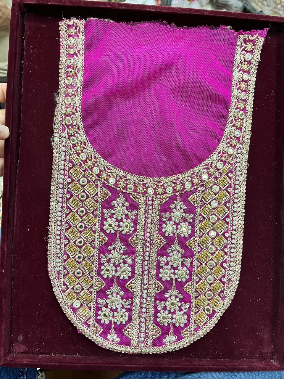 Designer Handcrafted Neck Patch for Kurtis, Dresses & Blouses – Premium Embroidered Neckline Applique | DC0983 | Rani Pink