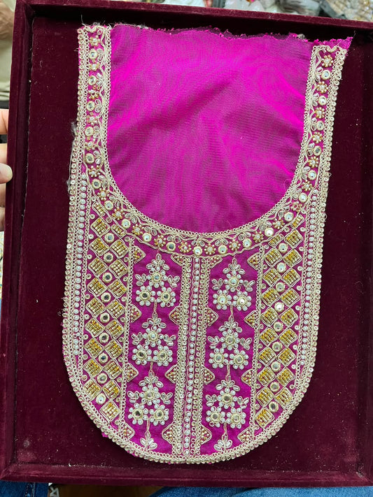 Designer Handcrafted Neck Patch for Kurtis, Dresses & Blouses – Premium Embroidered Neckline Applique | DC0983 | Rani Pink