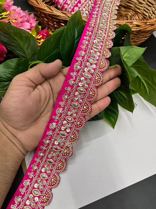 Exclusive Maggam Work Embellished Saree Lace – Designer Handcrafted Border for Sarees, Dupattas & Lehengas (9 Meter, 1.5 Inch Width) | Rani Pink