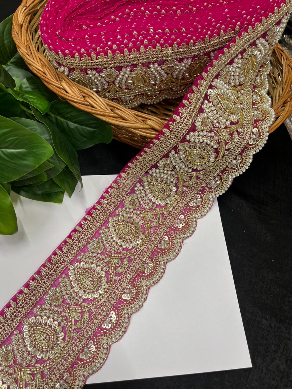 Beautiful Cutdana & Pearl Work Maggam Work Bridal Lace – Premium Designer Bridal Lace | Rani Pink